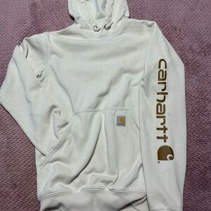 Carhartt Men's Cream Hoodie with Brown Logo